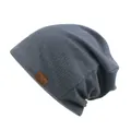 Deep grey knit beanie cap with vertical ribbed texture and brown leather F&S label - One Size / Gray