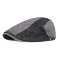 Vintage cotton beret hat with patchwork quilt pattern and side metal buckle - Adjustable / Gray