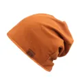 Bright orange knit beanie with a brown F&S leather label and long slouchy style - One Size / Orange