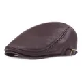 Dark brown leather flat cap with side metal buckle and textured grain finish - Adjustable / Coffee