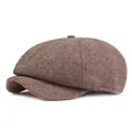Brown herringbone newsboy cap for men and women featuring retro British style wool fabric - One Size / Dark Khaki
