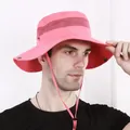 Detail of pink outdoor sun hat with breathable mesh, wide brim and adjustable chin strap - One Size / Rose Red