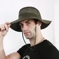 Detail showing the breathable mesh panels and adjustable chin strap on olive sun hat - One Size / Army Green