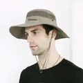 Detail of khaki outdoor sun hat featuring breathable mesh panels and adjustable chin strap - One Size / Bean Green