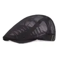 Detail of black mesh flat cap featuring breathable fabric and adjustable metal buckle - Adjustable / Black