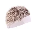 Detail of wig visor hat featuring light brown messy hair with a lavender purple headband - One Size / White Brim Brown Hair