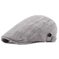 Men's grey herringbone flat cap with adjustable side metal buckle and tweed texture - Adjustable / Gray
