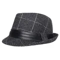 Cappello fedora classico in lana pied-de-poule con fascia in pelle nera da uomo - Taglia unica / Grigio scuro