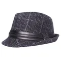 Cappello jazz in tweed grigio scuro da uomo con fascia in ecopelle nera e caldo tessuto - Taglia unica / Blu navy