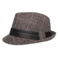 Cappello Fedora classico in tweed marrone con fascia decorativa in finta pelle nera - Taglia unica / Caffè