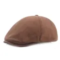 Detailed close-up of brown herringbone fabric and crown button on a flat cap - Adjustable / Coffee