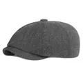 Retro dark grey herringbone newsboy cap with classic woolen texture and button top - One Size / Dark Gray