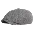 Classic black and grey herringbone newsboy cap for men in vintage wool tweed fabric - One Size / Light Gray