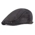 Vintage dark grey washed denim flat cap with adjustable metal buckle and contrast stitching - Adjustable / Black
