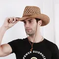 Chapeau de soleil en paille tressée marron pour homme avec large bord et mentonnière - M(56-58cm) / Kaki