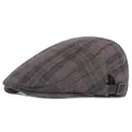 Béret en laine à carreaux gris-brun avec boucle métallique et sangle en cuir - Réglable / Gris foncé