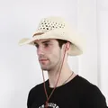 Chapeau de paille homme à large bord avec tissage aéré et mentonnière réglable - M(56-58cm) / crème