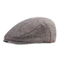 Detail of herringbone wool fabric and brown leather label on the flat cap - M (56-58cm) / Light Gray