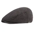 Detail of dark grey herringbone fabric and leather brand tag on classic beret hat - M (56-58cm) / Black
