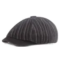 Detail of a vintage denim newsboy cap with vertical white stitching and a top button - M (56-58cm) / Black