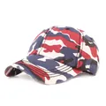 Detailed view of camouflage baseball cap with red, blue, and white pattern stitching - Adjustable / Red