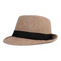 Classic men's tan fedora hat with black decorative ribbon and twill fabric texture - M (56-58cm) / Khaki