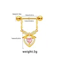 Golden butterfly nipple ring with pink heart pendant and detailed size specifications - Pink Heart Bow Style (NP25031801-3)