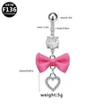 Piercing ombelico in titanio ASTM F136 con fiocco rosa e pendente a cuore in zirconia - Decorazione Cuore con Fiocco in Satin Rosa (BR25032502-5)