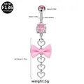 Piercing ombelico in titanio con fiocco rosa, nappe a cuore di cristallo e finitura argento - Nappina Lunga Cuore con Fiocco Rosa (BR25032502-7)
