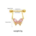 Pink butterfly nipple ring in gold finish with 1.6mm bar and heart chain detail - Red Zirconia Butterfly Style (NP25031801-8)