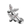Silver double flower zircon cartilage earring with marquise crystals and ball back - Butterfly Design / Silver Butterfly