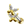Detail of gold floral cartilage studs with zircon stones and spherical screw back closure - Butterfly Design / Gold Butterfly
