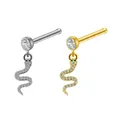 Titanium steel nose studs set featuring crystal snake pendants in gold and silver finish - Snake Dangle / Straight Bar / Steel