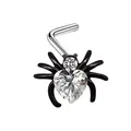 L-shaped stainless steel nose stud with a gothic black spider and heart-shaped zircon - White