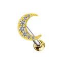 Golden crescent moon ear stud with sparkling zircons and a curved stainless steel bar - Moon Style / Gold Moon