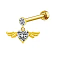 Gold heart wing piercing earring with sparkling clear cubic zirconia on a white backdrop - Heart Wing Angel Heart