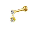 Detailed view of golden double-gem earring with round-cut zircons and flat-back post - Double Stone Flat Base