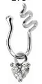 Macro detail of U-shaped silver nose clip featuring a dangling heart-cut cubic zirconia - Silver Wave Heart Pendant Style (#7)