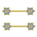 Pair of gold stainless steel flower nipple rings with sparkling cubic zirconia stones - Gold