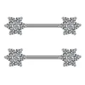 Pair of stainless steel nipple rings with flower-shaped cubic zirconia barbells - Silver