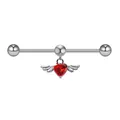 Industrial barbell with a red heart-shaped gemstone and silver wings detail - Red