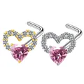 L-förmige Herz-Nasenstecker in Gold und Silber mit rosa Steinen und Zirkon-Besatz - Hohles Rosa Herz L-Form / Silber