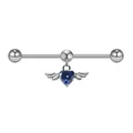 Industrial barbell earring with blue heart gemstone and silver angel wings in stainless steel - Blue