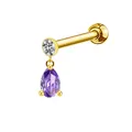 Detail of golden tragus stud with round clear zircon and purple teardrop gem pendant - Pear Shape Purple Gem Pendant