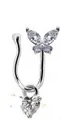 Macro detail of U-shaped nose clip featuring zircon butterfly and heart-shaped pendant - Silver Butterfly Heart Style (#11)