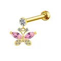 Detailed macro of gold butterfly ear stud with pink stones and white cubic zirconia - Pink Butterfly Style
