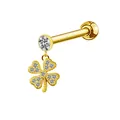Detailed macro view of a gold piercing stud featuring a sparkling clover pendant with zircons - Clover Shape Pendant