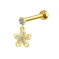 Macro shot of gold labret earring featuring a dangling openwork five-petal flower charm - Five-Petal Flower Baguette Gem