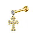 Detailed view of a gold-plated cross dangle earring featuring pavé-set shimmering crystals - Full Diamond Cross Shape