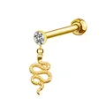 Macro detail of golden snake charm labret with sparkling round white gemstone stud - Delicate Scaled Snake